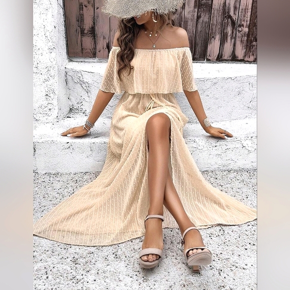 NEW Flowy Sheer Lace Off Shoulder Split Maxi Dress Cream Ivory Tan Beige - Picture 6 of 8